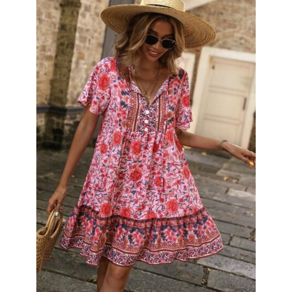 SHEIN Floral Tiered Empire Waist Pink Mini Dress Womens Medium Boho Vacation